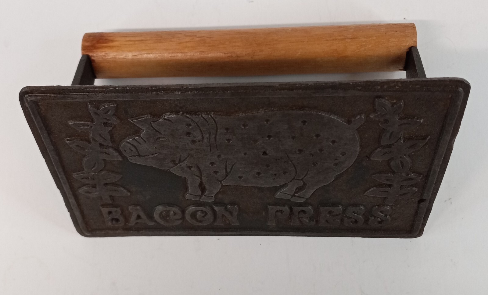 VTG Cast Iron Bacon Press w Wooden Handle 7 x 4.25" BBQ Grill Meat Smash Steak gallery
