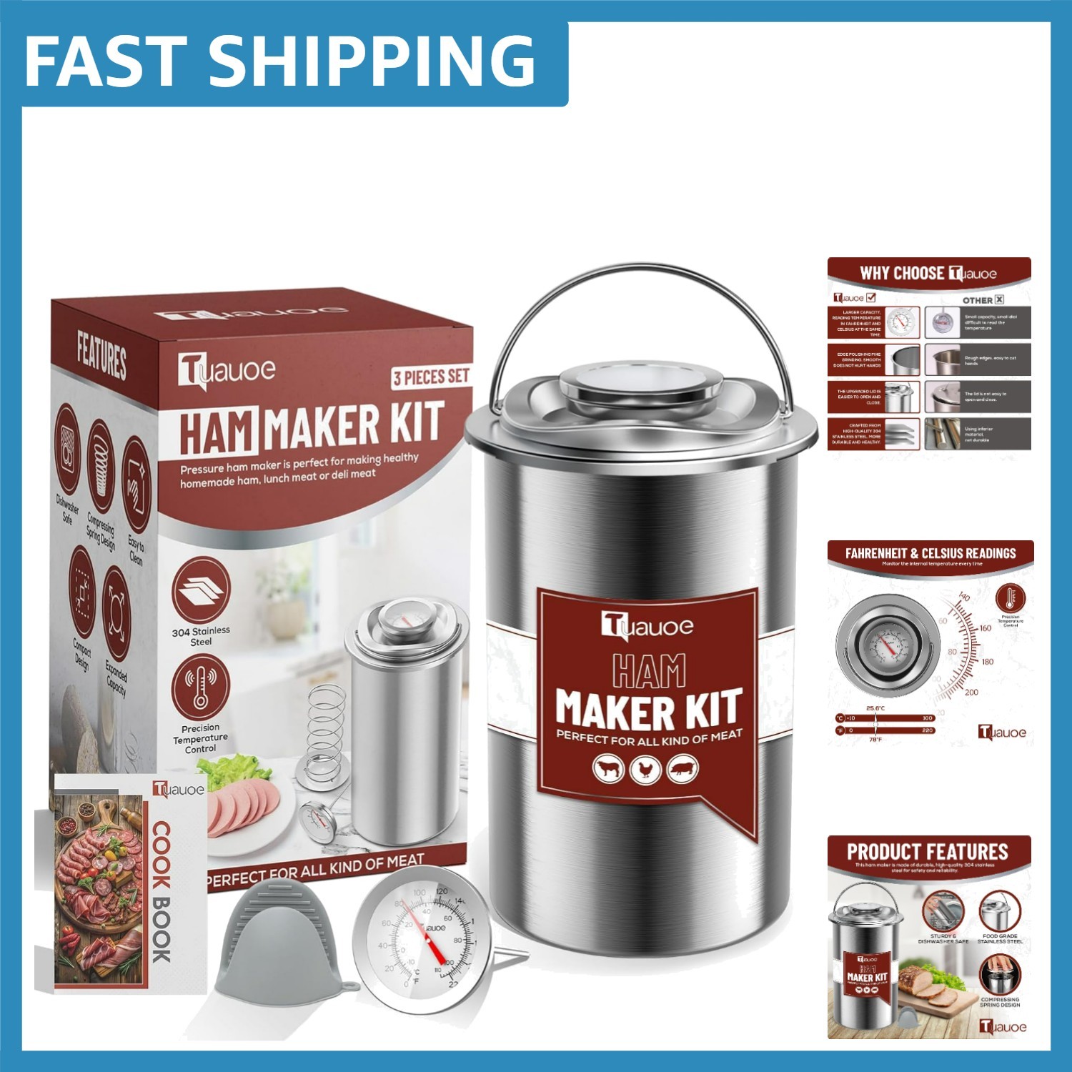 Compact Ham Press Mold for Homemade Deli Meats with Silicone Mitts & Recipes gallery