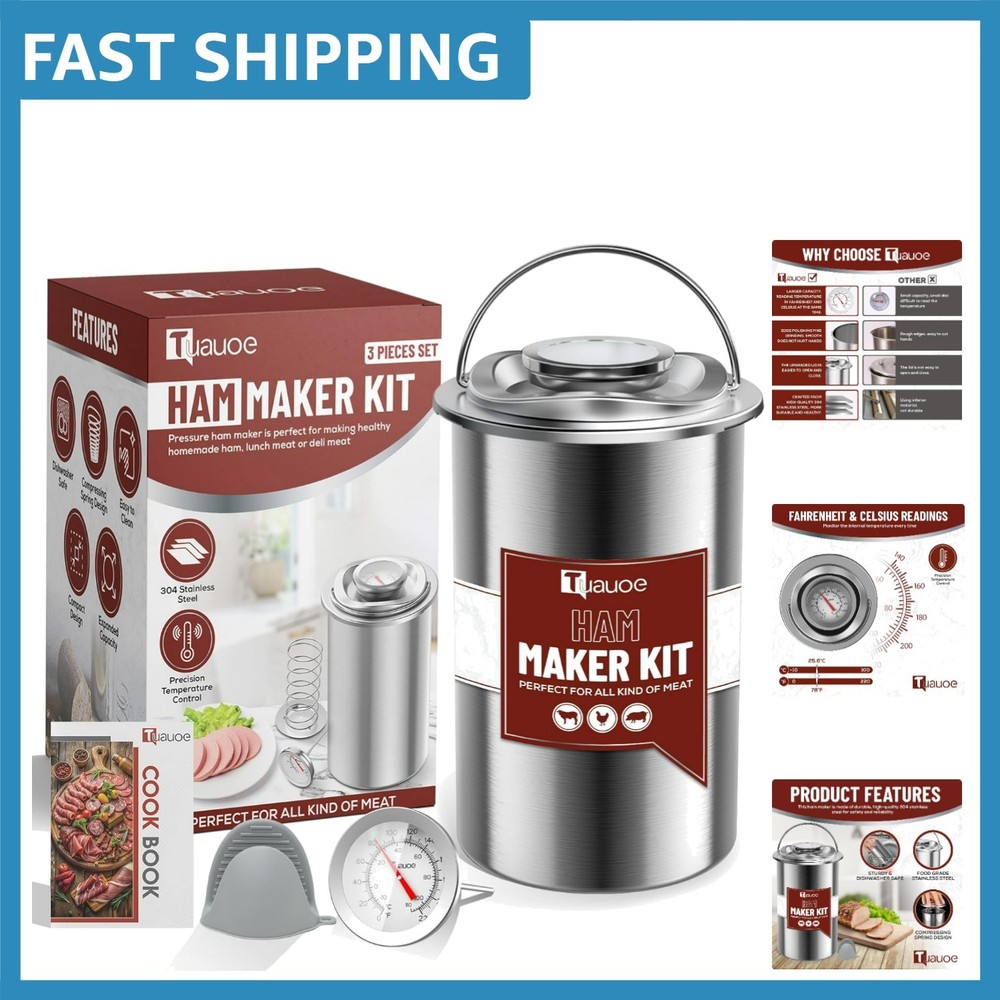 Compact Ham Press Mold for Homemade Deli Meats with Silicone Mitts & Recipes