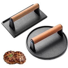 Burger Press Set: 7″ Round & 8″x4″ Cast Iron Grill Press with Wood Handle