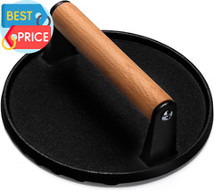 Burger Press, 7″ round Heavy-Duty Cast Iron Smash Bacon Press Meat Steak with Wo