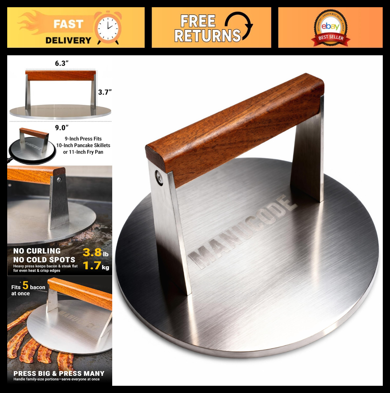 3.8-Lb Burger Press, 9-Inch Stainless Steel Smasher for Batch Cooking, Easy Clea gallery