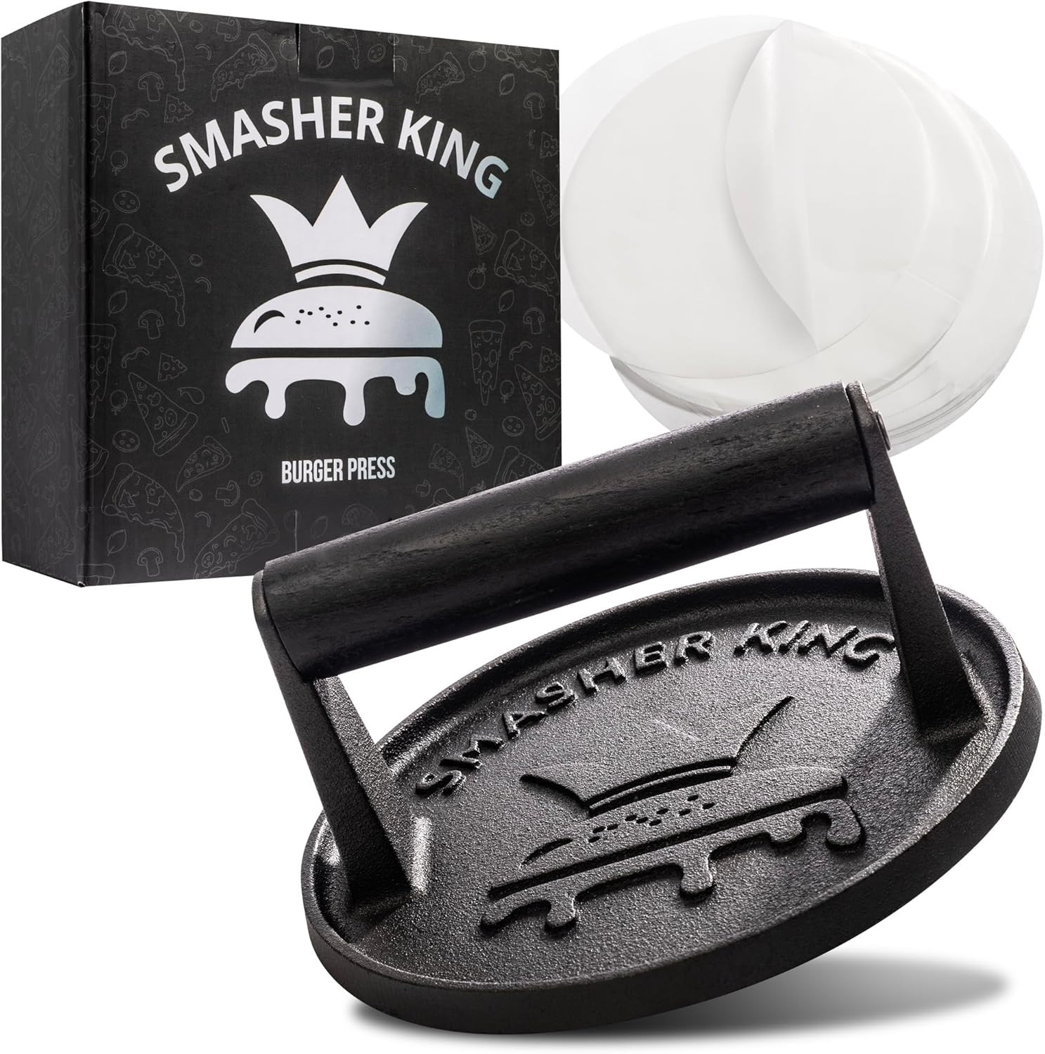SMASHER KING™ - Premium Cast Iron Smash Burger Press Incl. 25 Pcs of Patty Paper gallery
