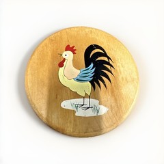 Vintage MCM Hamburger Press Wood Painted Rooster Good Condition 5.5” Diameter