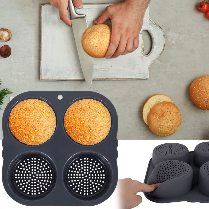 2Pcs Silicone Hamburger Bun Mold with 4 Cavities,Non-stick Hamburger Bun Pan ... gallery