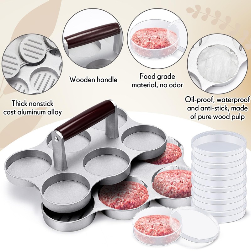 Mini Burger Press with 200 Patty Papers and 6 Storage Containers 6 Slots Meat... gallery
