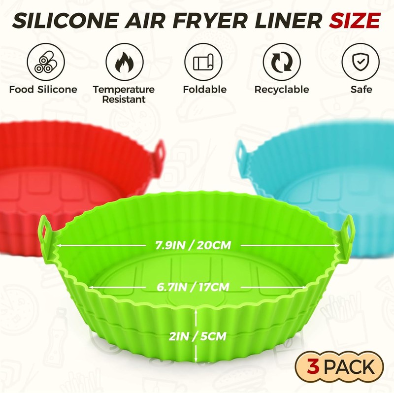 Buauty 3 Pack Air Fryer Silicone 7.9*7.9*2 inch, 3 Pack: Blue+Green+Red gallery