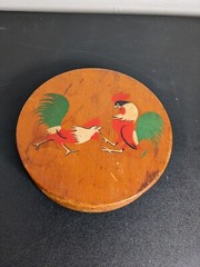 Vintage Wooden Hamburger Press Fighting Roosters Hand Painted Japan Kitchen Tool