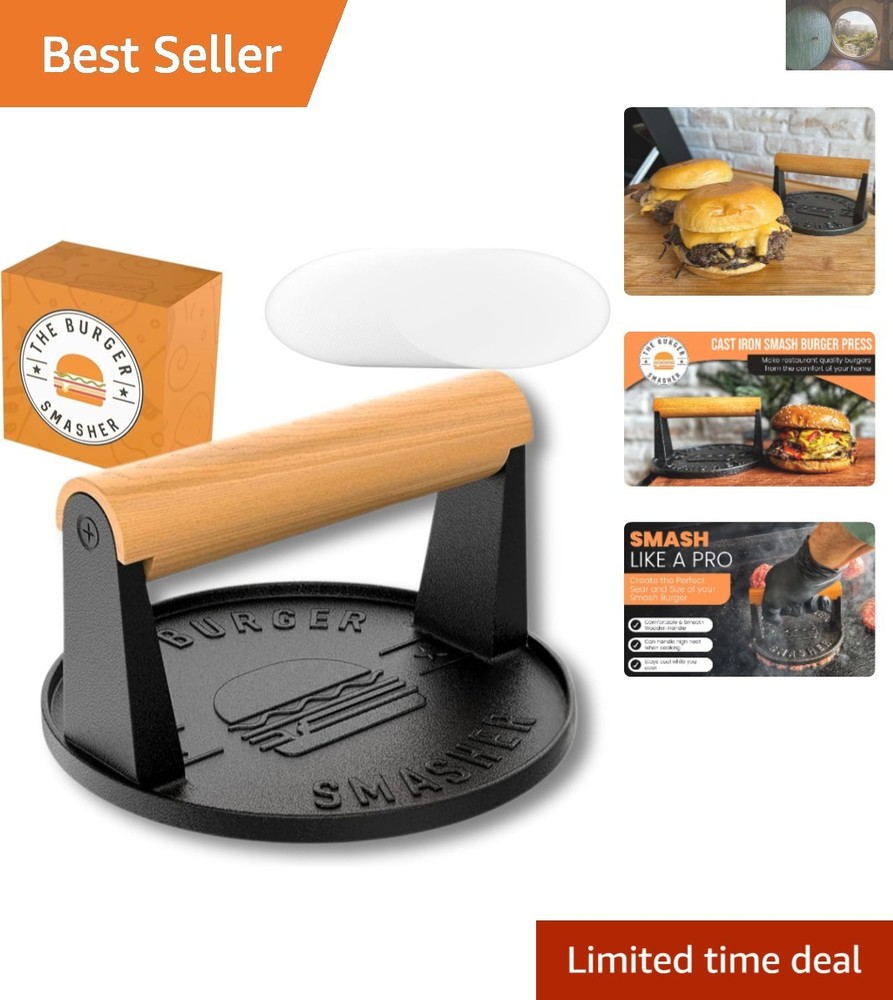 Professional Heat Resistant Cast Iron Burger Press & Patty Paper Kit - 5.5 Inch