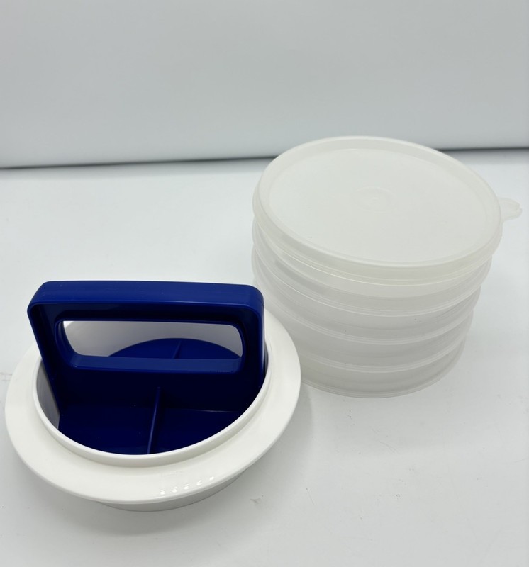 Vintage Tupperware Burger Press 1927 1926 Ring Press 4 Keepers With Lid NEW gallery
