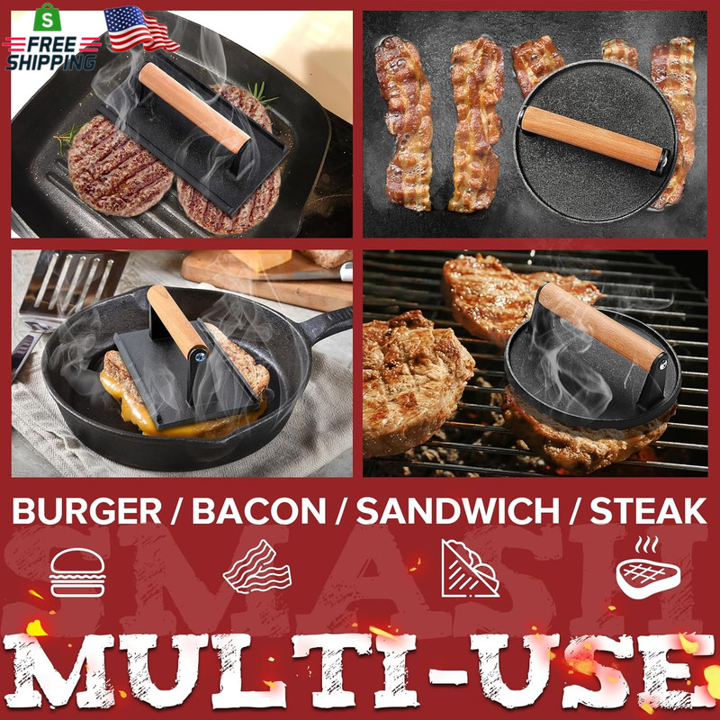 5Pcs Smash Burger Press Kit, 3 in 1 Hamburger Press Patty Maker, Cast Iron Burge gallery