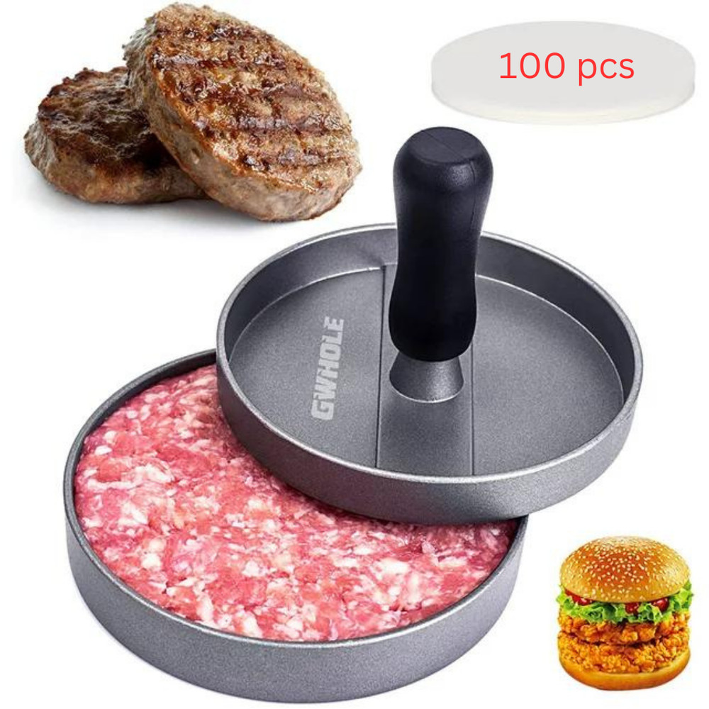 Burger Press Aluminum Hamburger Patty Maker with 100 Wax Papers for BBQ Grill.