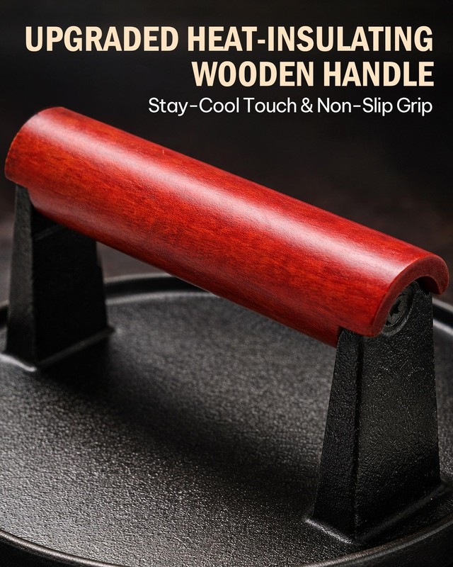 6 Inch Cast Iron Smash Burger Press Extended Wood Handle Round Flat Edge Grill gallery