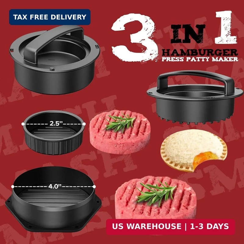 Grilliance Smash Burger Press Kit, 3 in 1 Hamburger Press Patty Maker, Black Cas gallery