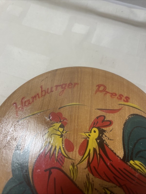 Vintage Wooden Hamburger Press Painted Roosters Made In Japan gallery