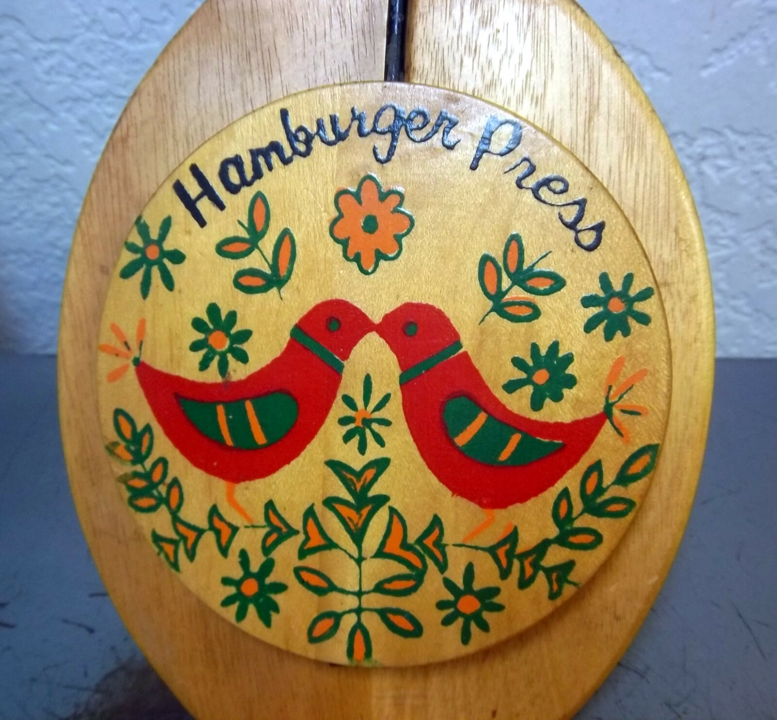 Vintage Wood Hamburger Press handpainted red birds, wood & metal handle, 13 inch gallery