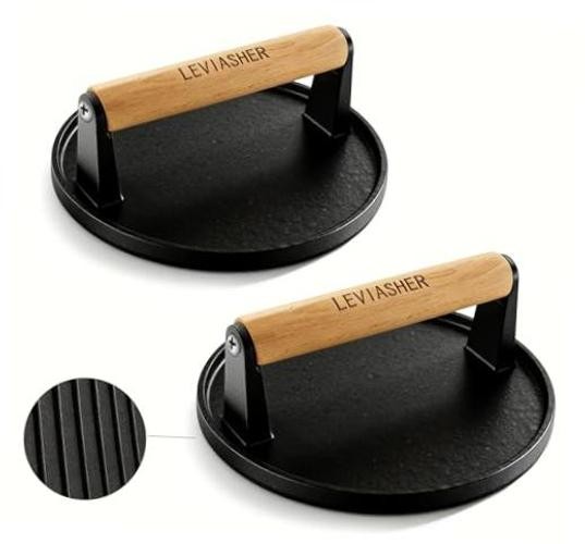 2 Pack 2.3lb Steak Weight & Burger Press, Striped Base, 7" Round strip 2pack gallery