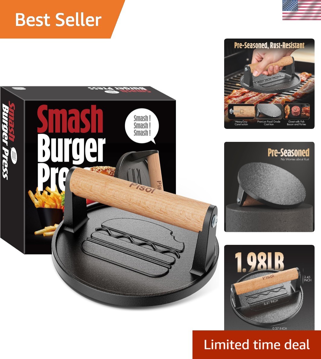 Smash Burger Press, Pre-Seasoned Cast Iron Hamburger Smasher, 2 lb Heavy-Duty... gallery