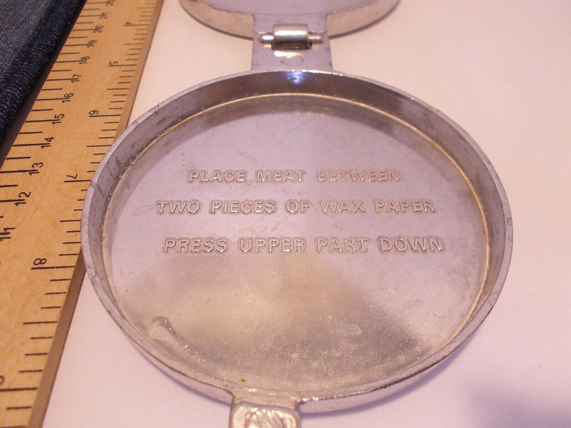 Vtg Hamburger Press / Vegetarian Burger Maker w Chef Design & Denim Potholder gallery