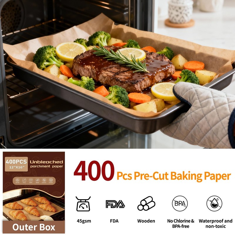 YUANYE 400PCS Parchment Paper Baking Sheets, 12"x16" 12x16In, Brown gallery