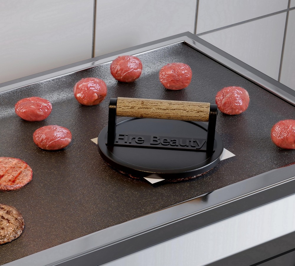 6.5" Cast Iron Grill Press Enamel Surface Burger Smasher with Wood Handle