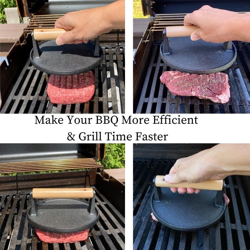 Pre-Seasoned Cast Iron Burger Smasher - Multi-Use Grill Press with Wood Handle gallery
