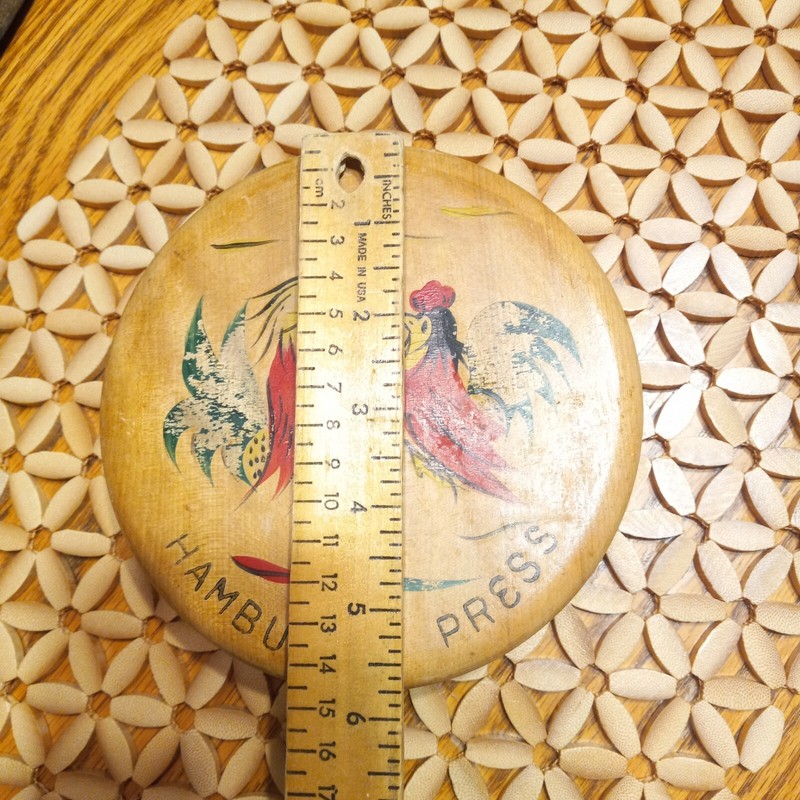 Vintage Wooden Hamburger Press Roosters design Made In Japan Mid Century Kitchen gallery