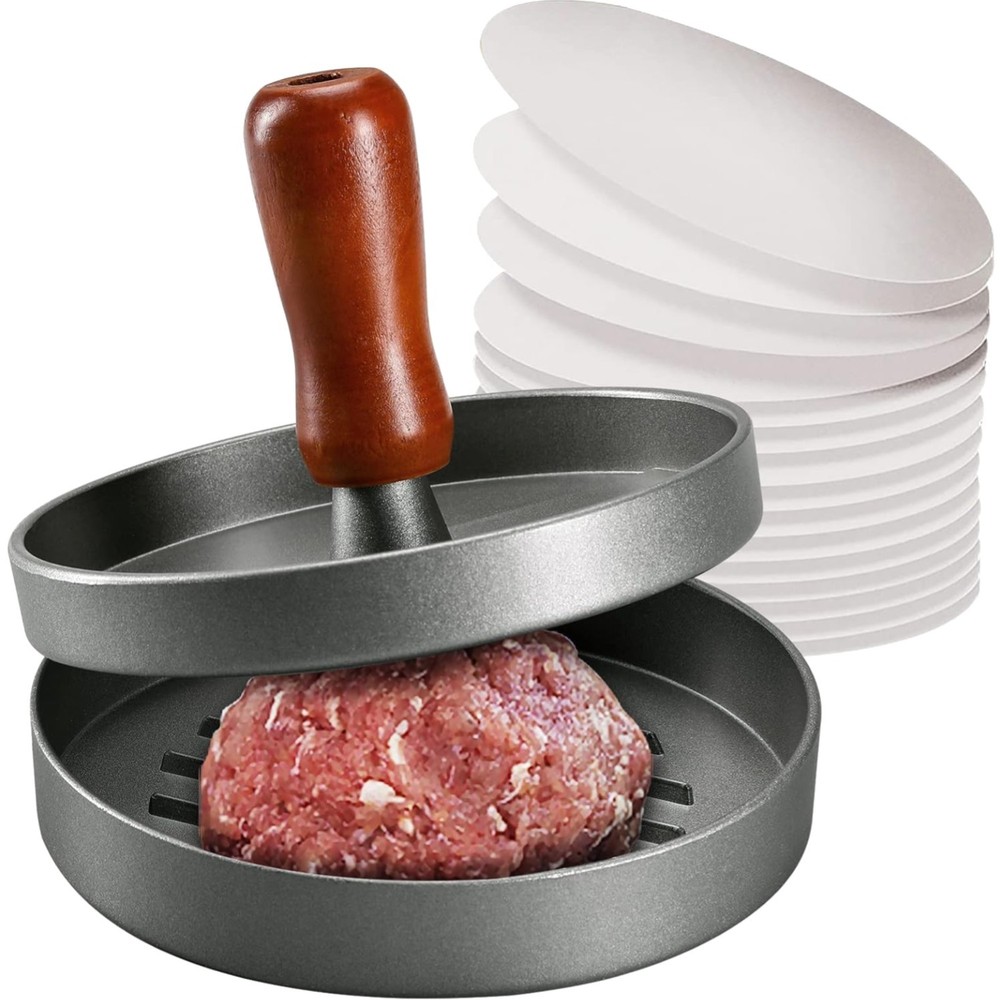 Burger Patty Press Stainless Steel Non-Stick Mold Wood Handle with 100 Papers