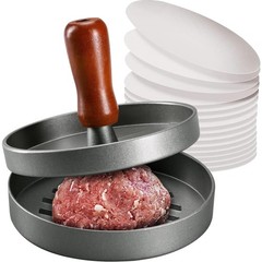 Burger Patty Press Stainless Steel Non-Stick Mold Wood Handle with 100 Papers