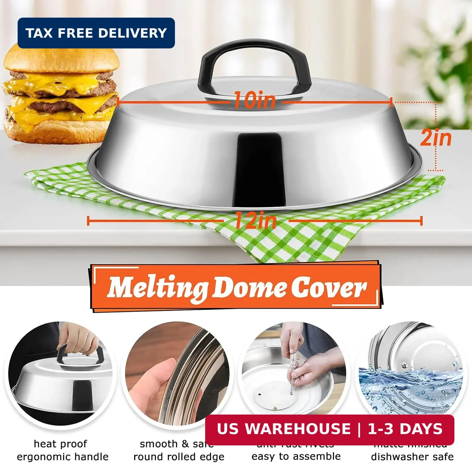 12In Cheese Melting Dome & 8x4In Cast Iron Grill Press, HaSteeL Stainless Steel gallery