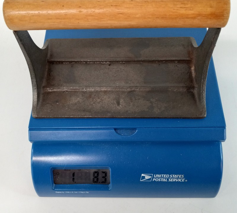 VTG Cast Iron Bacon Press w Wooden Handle 7 x 4.25" BBQ Grill Meat Smash Steak gallery