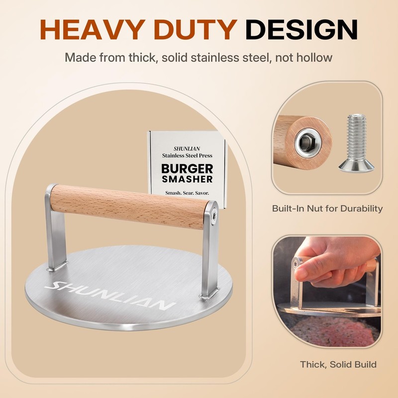 Stainless Steel Burger Smasher, 6 Inch Heavy Duty Grill Press with Wood Handl... gallery