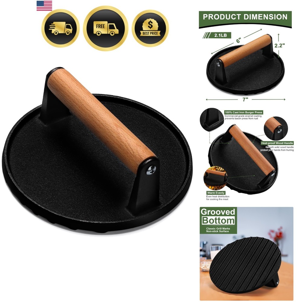 Burger Press, 7" Round Heavy-Duty Cast Iron Smash Bacon Press Meat Steak with...