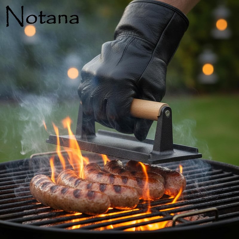 Heavy Duty Cast Iron Steak Weight Grill Press Wooden Handle 8x4 Inch gallery