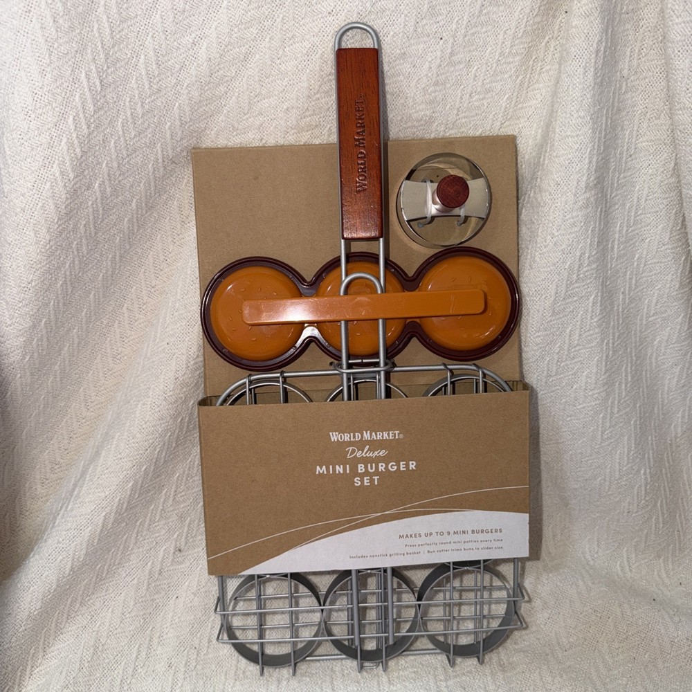 World Market Mini Burger Slider Set Press Basket Bun Cutter Grilling Kit NEW