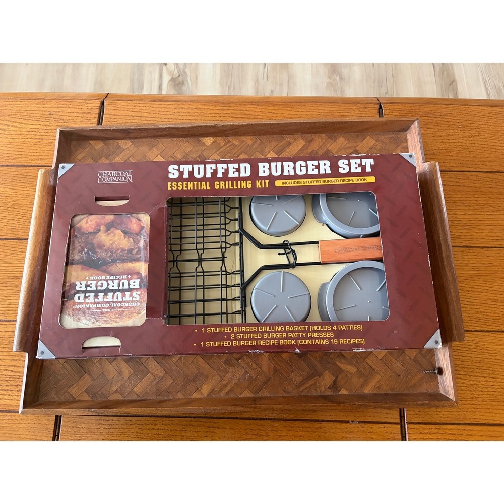 Charcoal Companion Stuffed Burger Press Set Grilling Kit W/ Basket & Recipe Book
