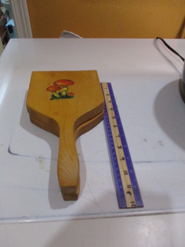 VTG 70s Wooden Hamburger Patty Press Handle Wall Hanging Mushroom Design 12"x5" gallery