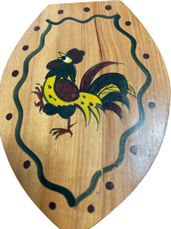 Vintage Wood Hamburger Press with Rooster Hand Painted in Japan gallery