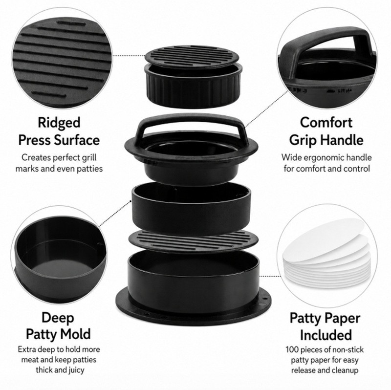 3-in-1 Burger Press Hamburger Patty Maker-Stuffed Burger Press- 100 Burger Paper gallery