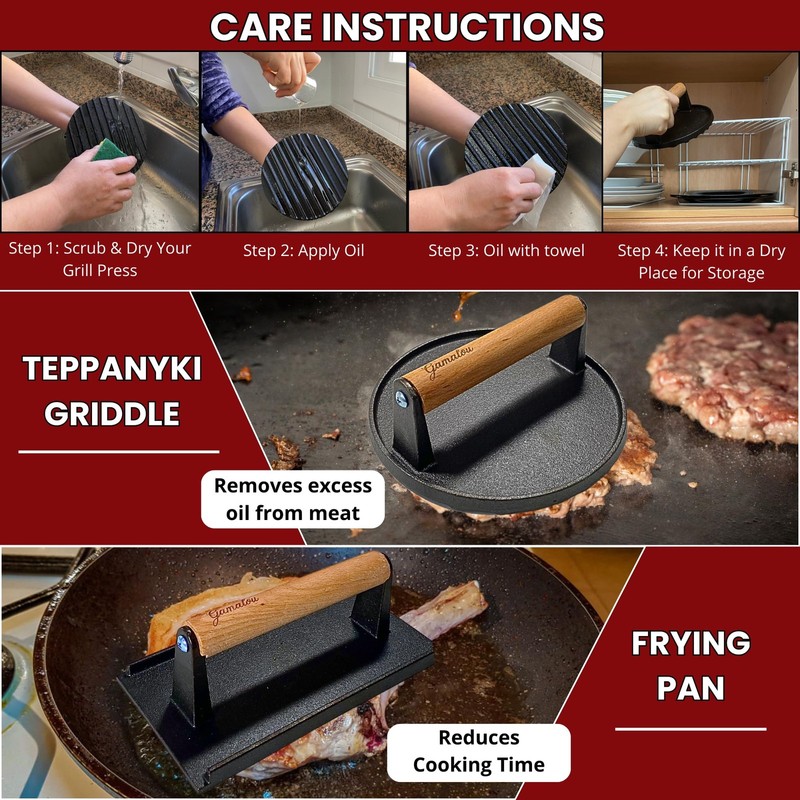 Smashed Burger Press BBQ Kit: 7" Round & 8.2x4.3 Rectangle Cast Iron Bacon Pr... gallery