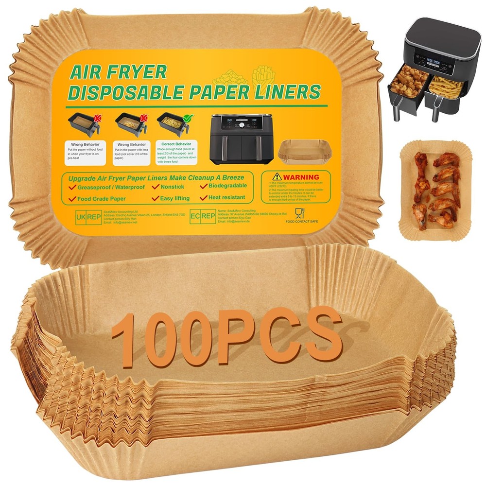 BYKITCHEN Air Fryer Rectangle dual liners-100pcs (6 to 10QT), unbleached