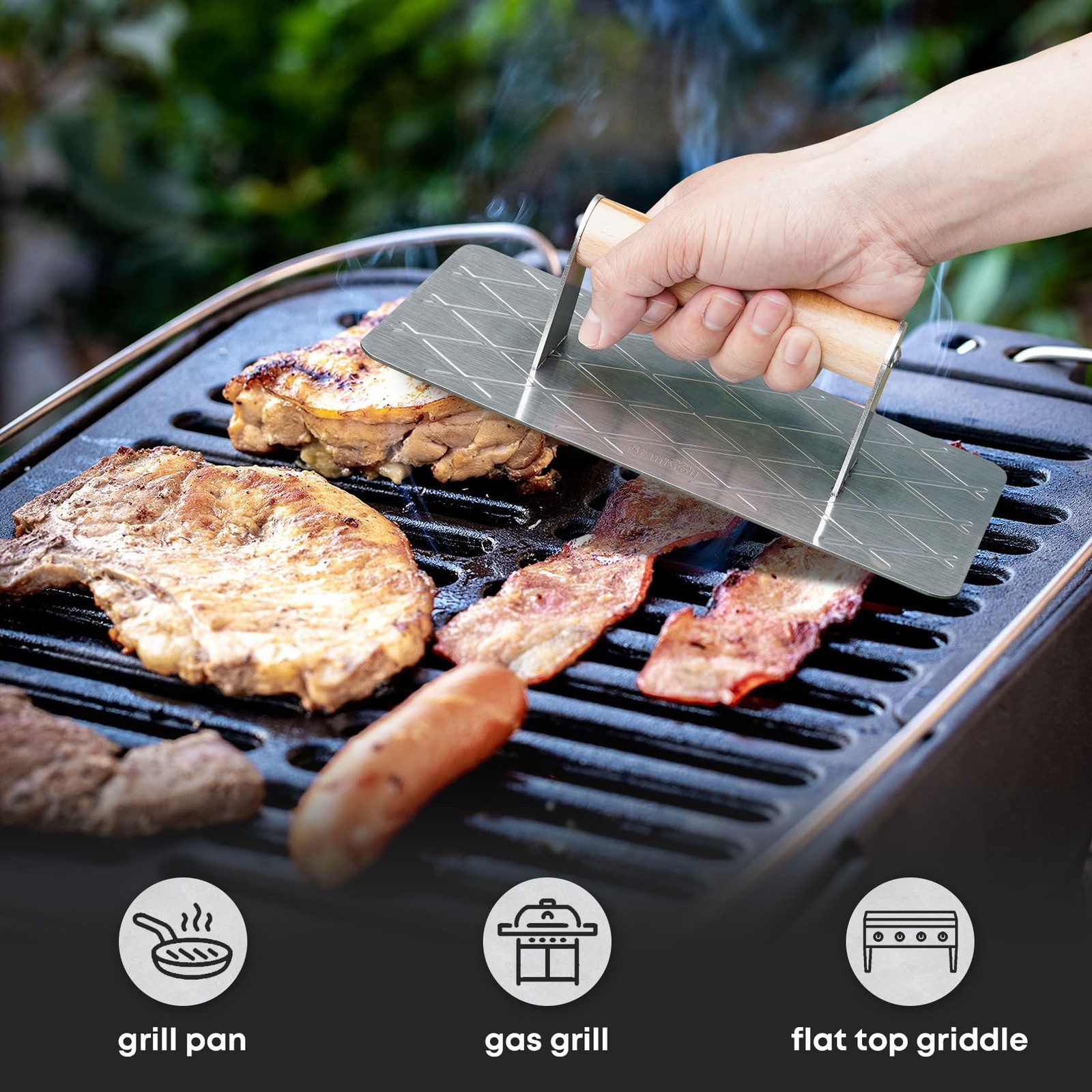 Stainless Steel Bacon Press for Griddle, 9” X 4.5”Rectangular Grill Press BBQ gallery