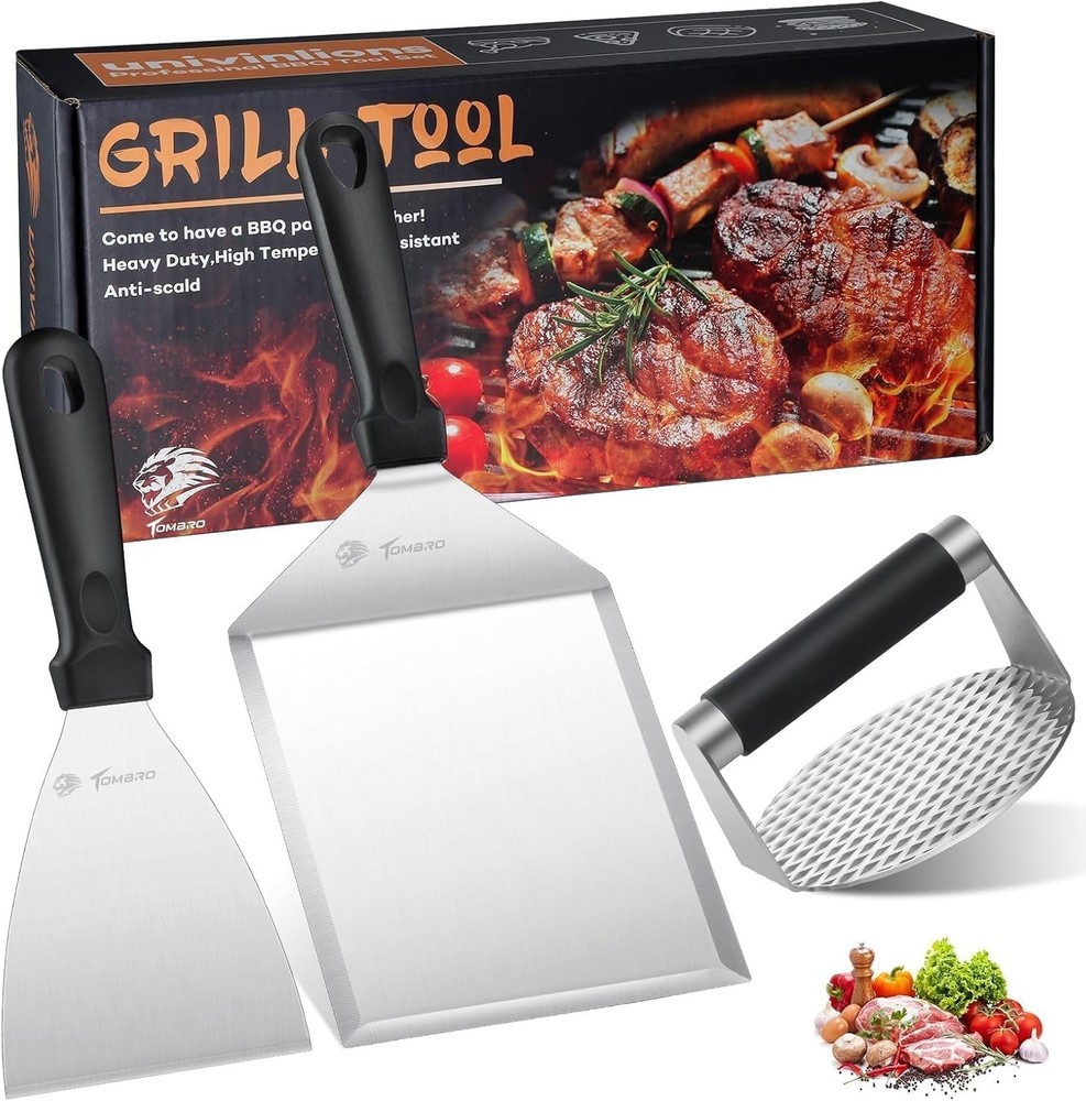 Smash Burger Press Kit – 3-Pc Stainless Steel Spatula Set for BBQ