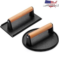 Food-Grade Cast Iron Burger Press W/ Wood Handle Easy Cooking & Grill Marks New