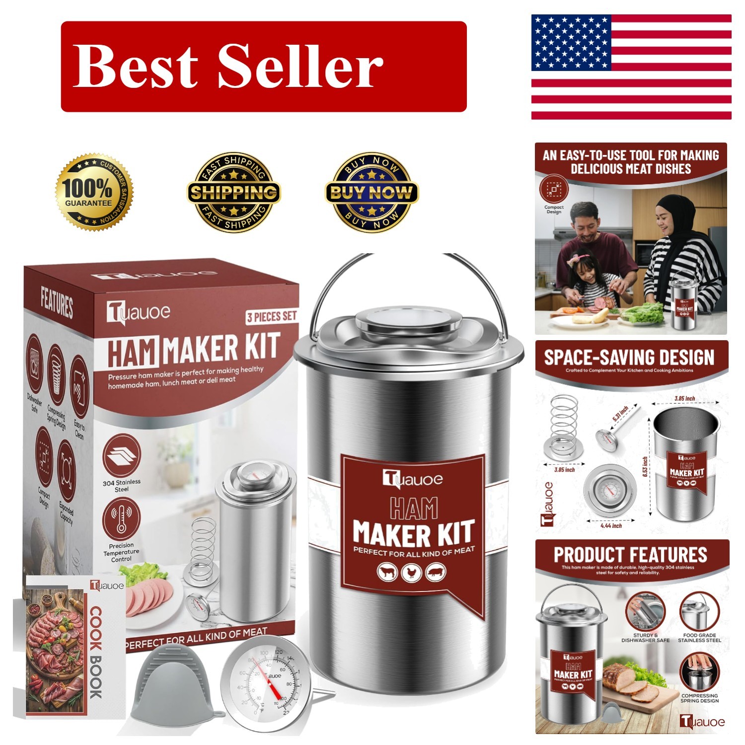 304 Stainless Steel Ham Press Mold with Thermometer & Mittens - Deli Meat Maker gallery