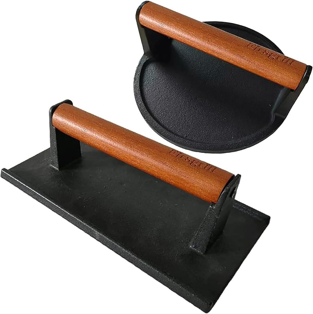 Burger Press 6.6" round Heavy-Duty Cast Iron Smash Meat Steak with Wood Handle f