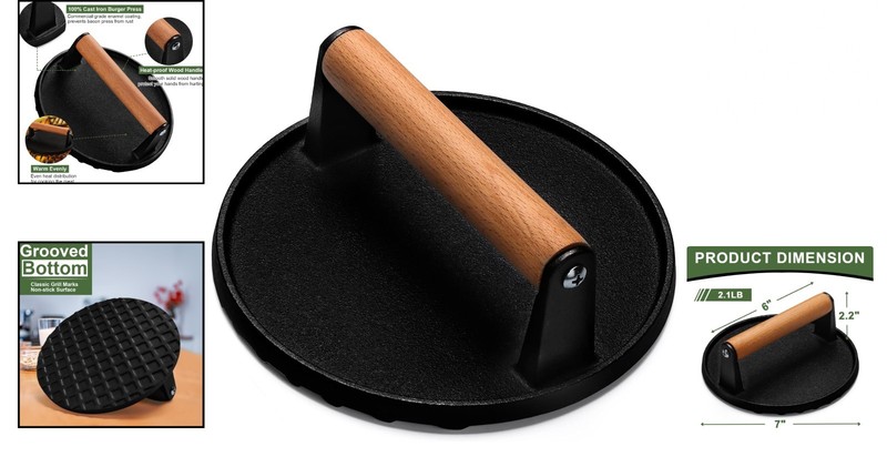 Burger Press 7" round Heavy-Duty Cast Iron Smash Bacon Press Meat Steak gallery