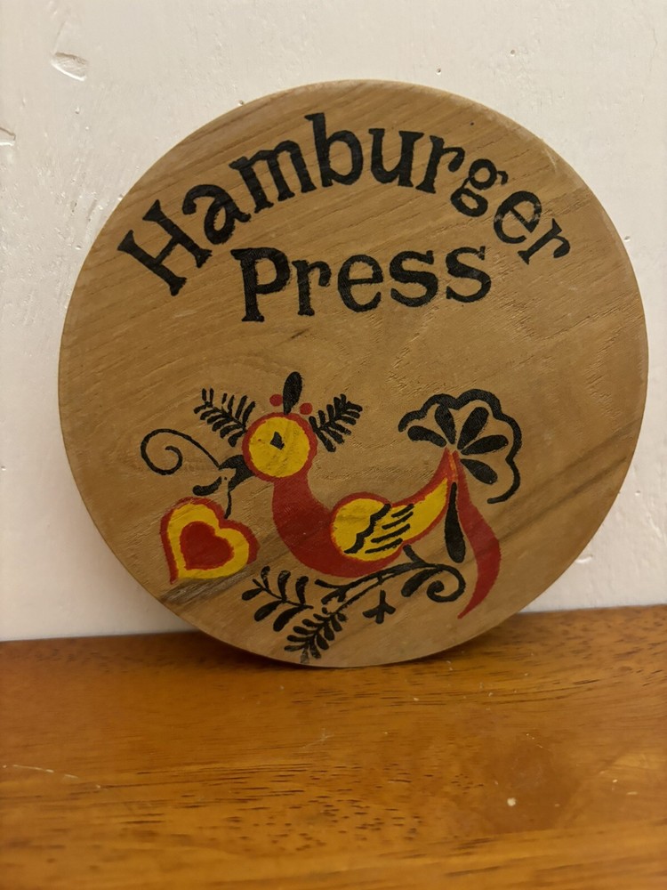 Vintage 1950’s Wooden Hamburger Press Hand Painted Bird Design 5.75” Dia.