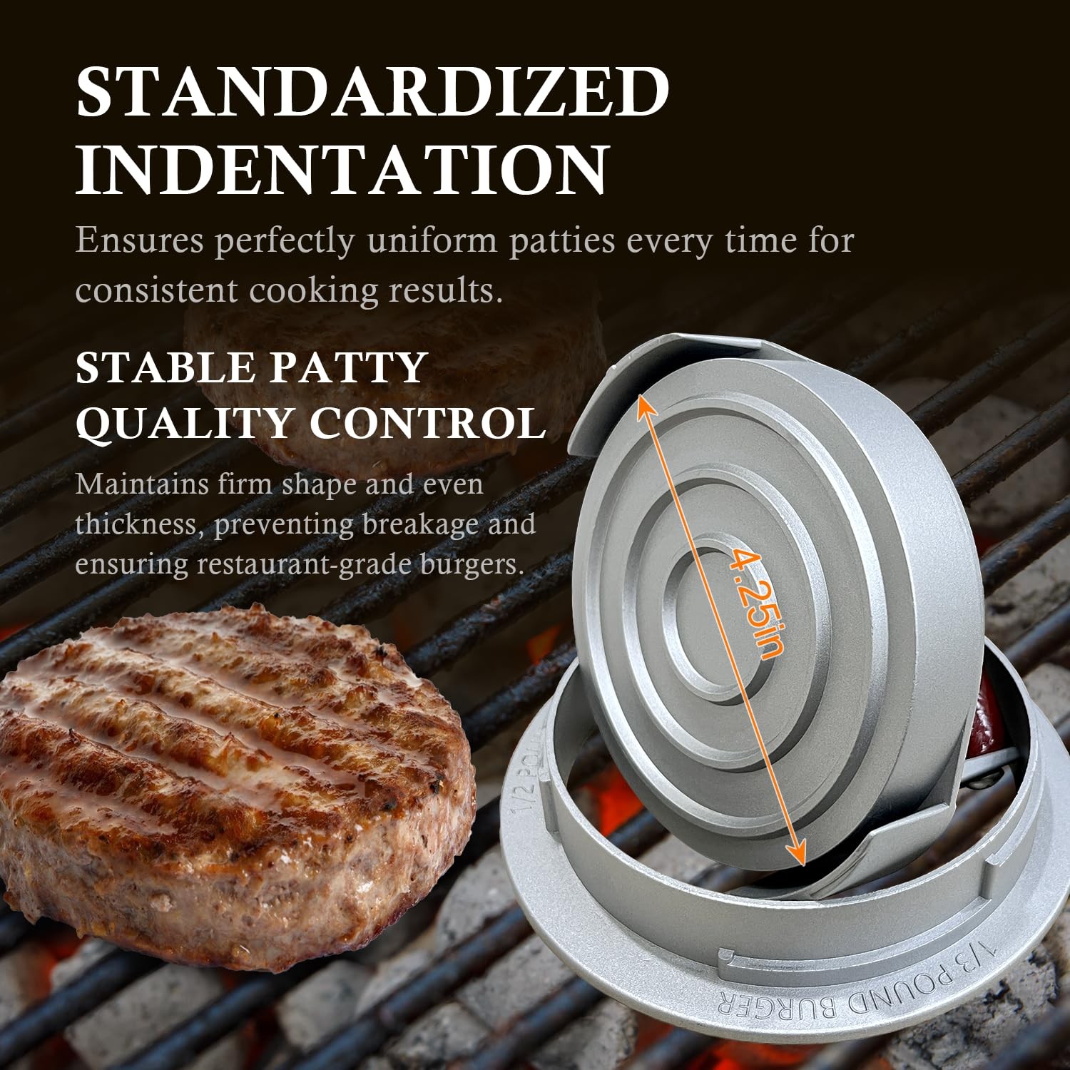 EQUNROY Hamburger Press Patty Maker, 3-in-1 Adjustable Burger Shaper silver gallery