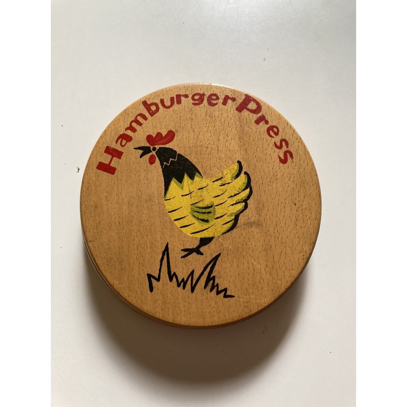 VINTAGE WOODEN HAMBURGER PRESS W/ROOSTER ARTWORK. MADE IN JAPAN. Hinge Missing gallery
